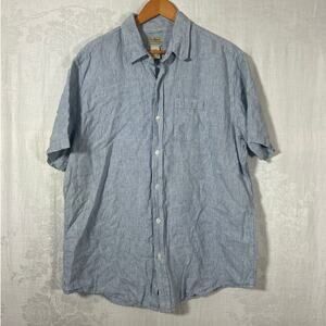 LL Bean Button Up XL White Blue Striped 100% Linen Short Sleeve Coastal Nautical